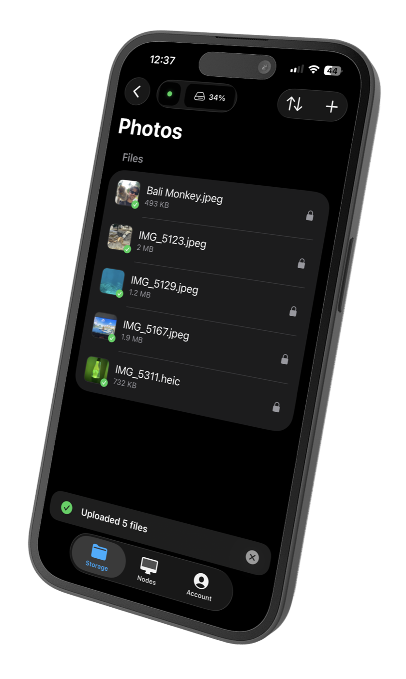 The Photos folder on a storage node, open in the Uncloud iPhone app