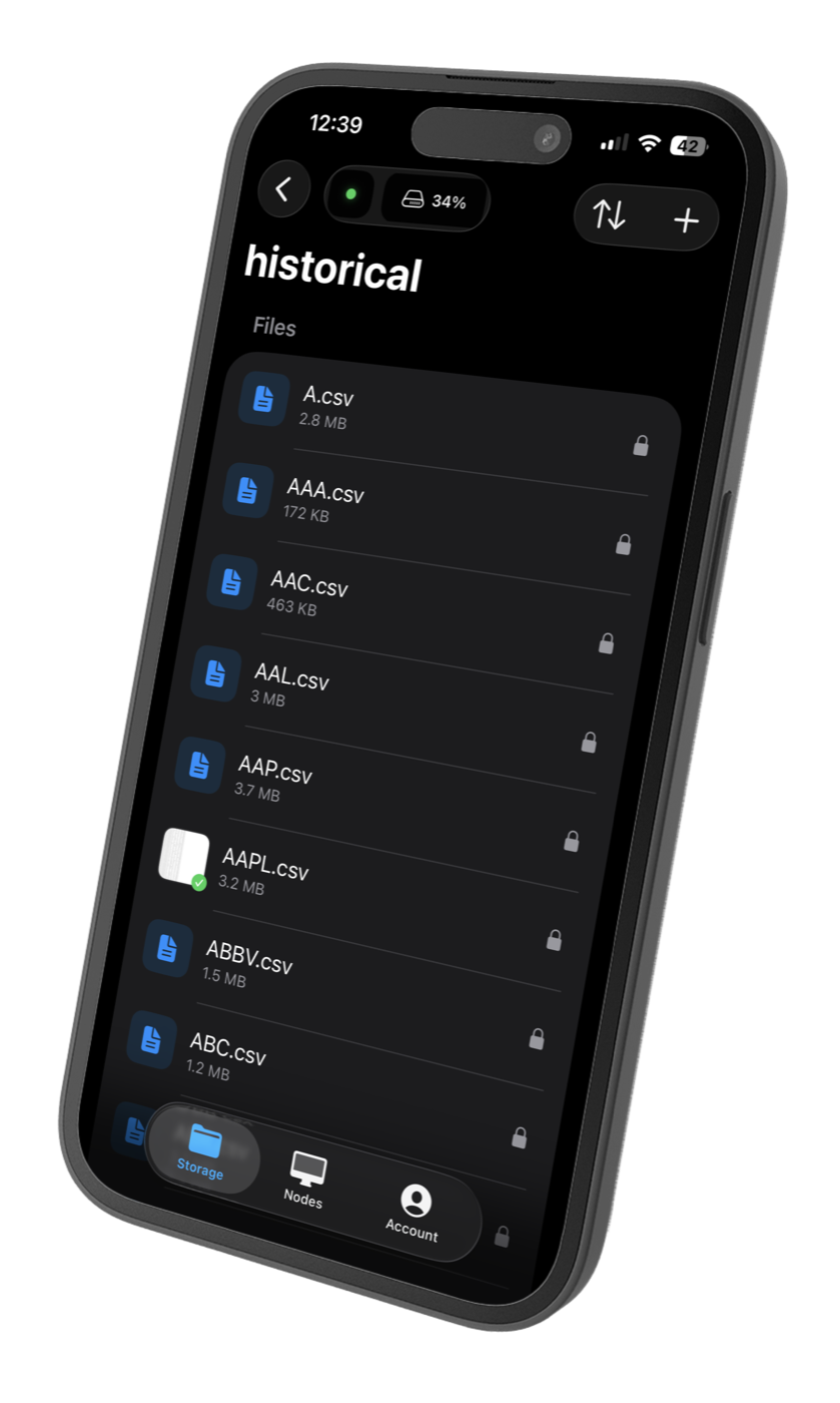 A storage node's historical folder of stock CSV files, open in the Uncloud iPhone app