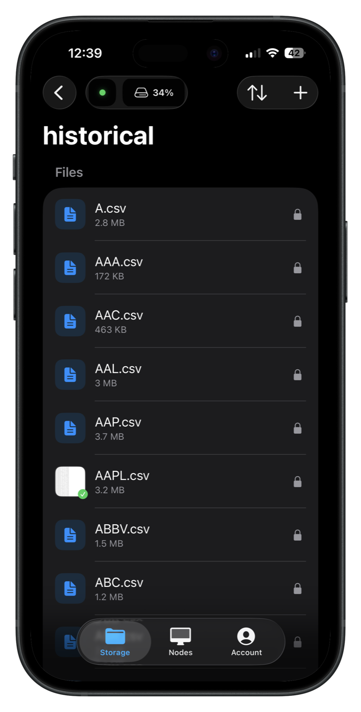The historical folder on a node: A.csv, AAA.csv, AAPL.csv and more, each encrypted