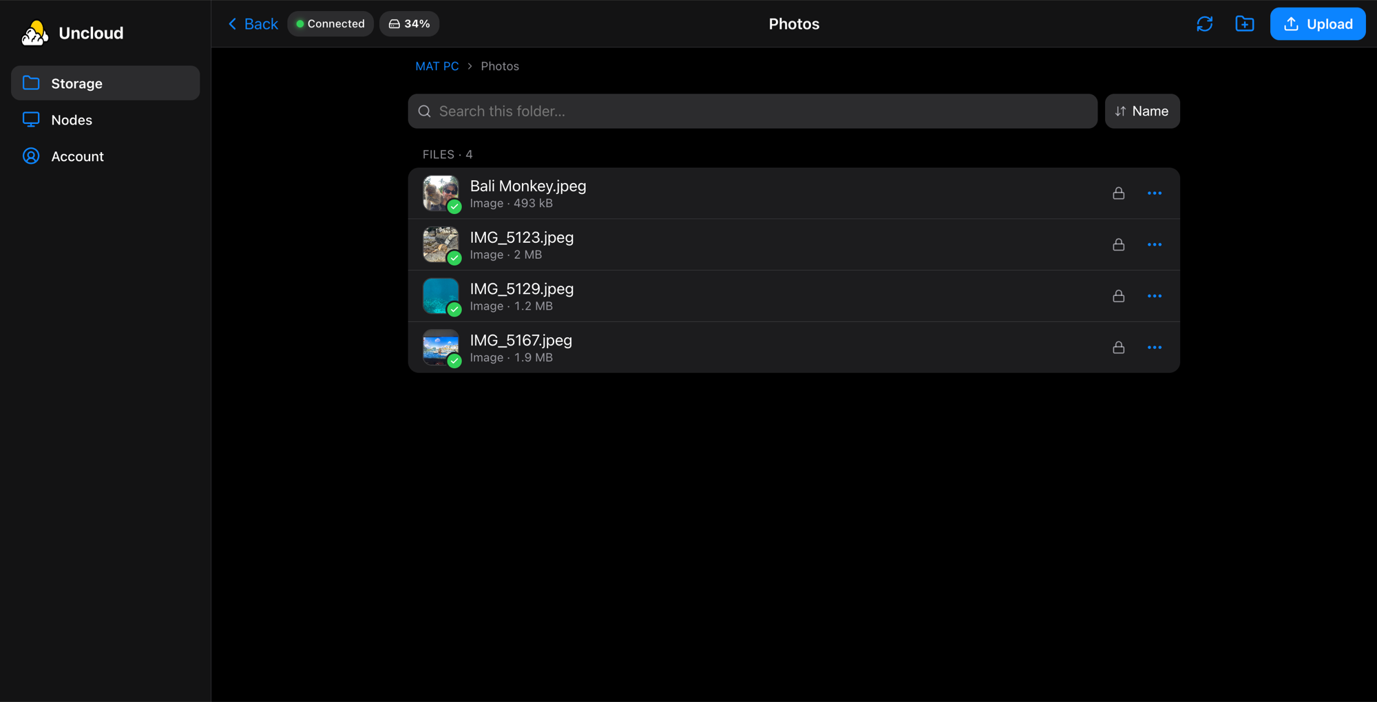 Uncloud on the web, showing a Photos folder on a storage node