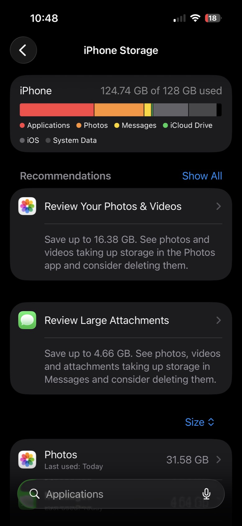 iPhone Storage: 124.74 GB of 128 GB used, mostly apps and photos