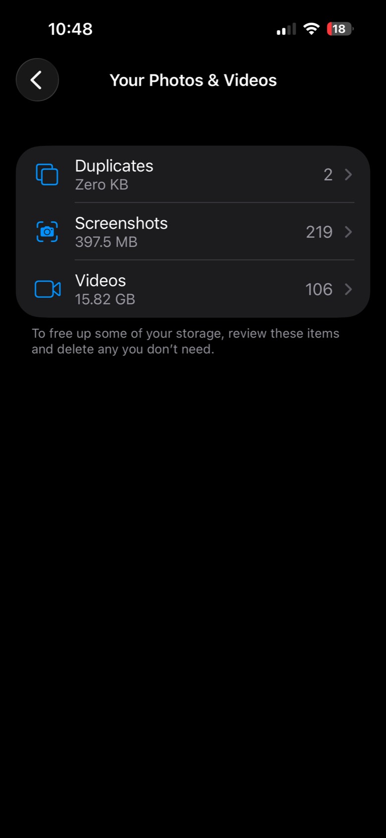 Your Photos and Videos: duplicates, 219 screenshots at 397.5 MB, and 106 videos at 15.82 GB