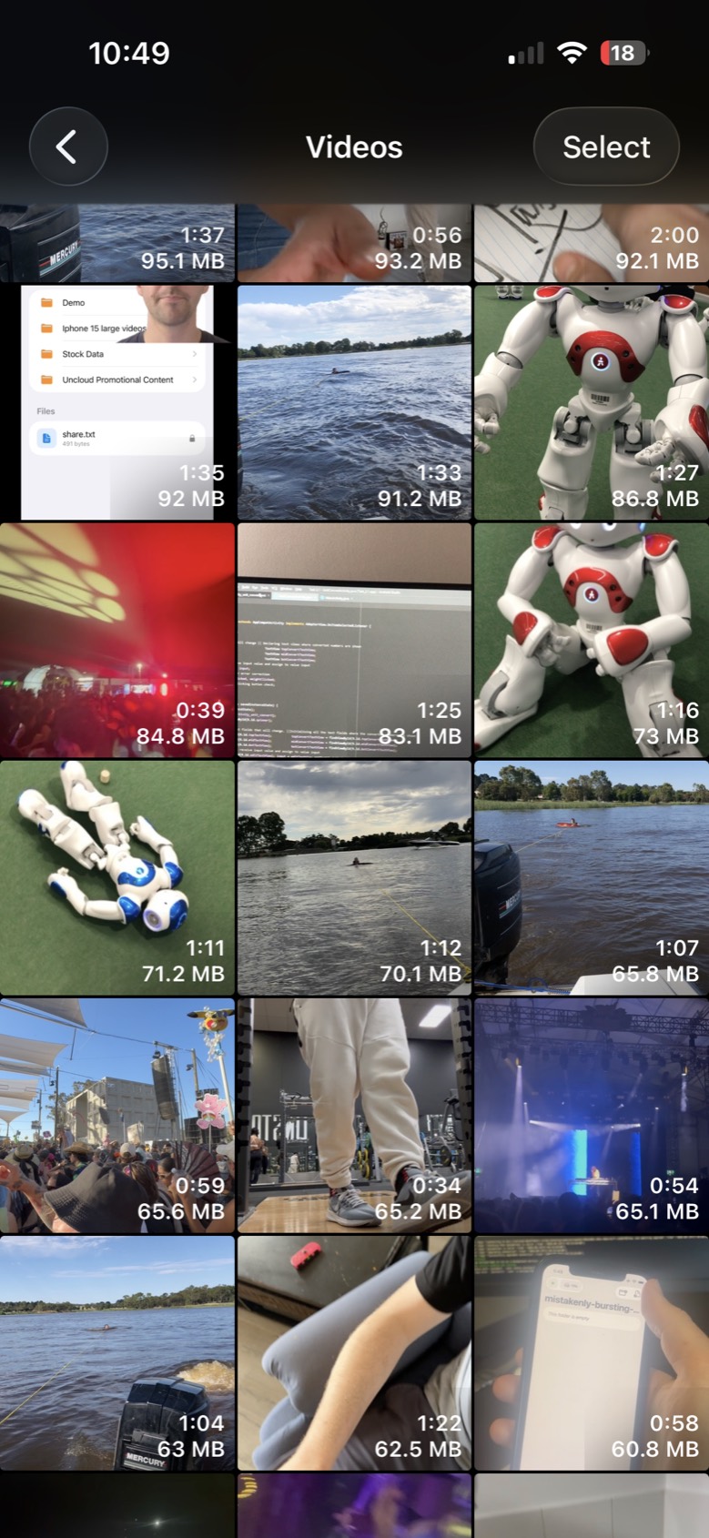 A grid of videos sorted by size, the largest at 95.1 MB