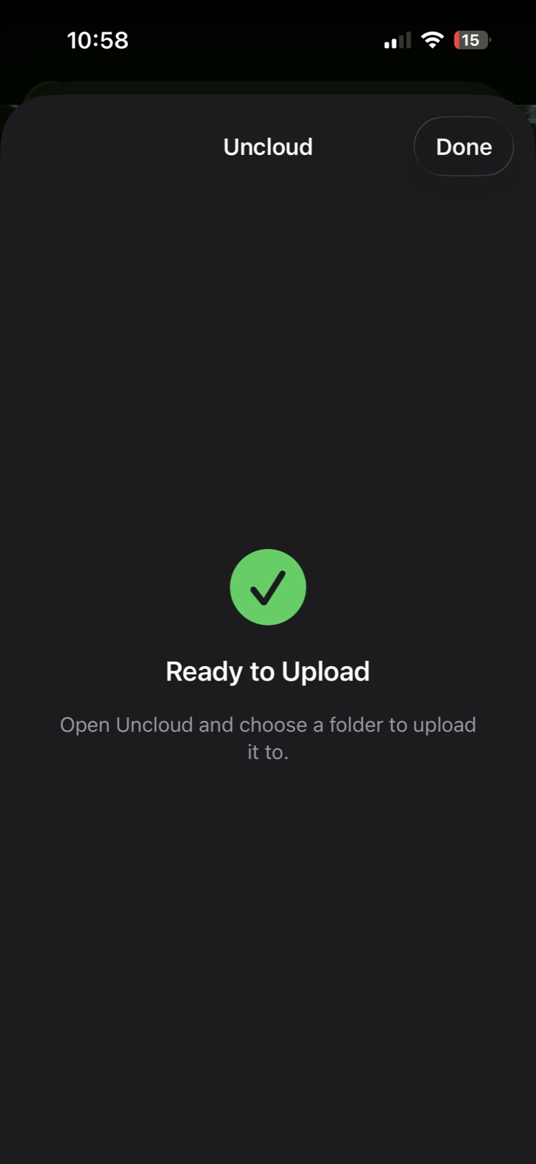 Uncloud's share screen: a green tick and Ready to Upload