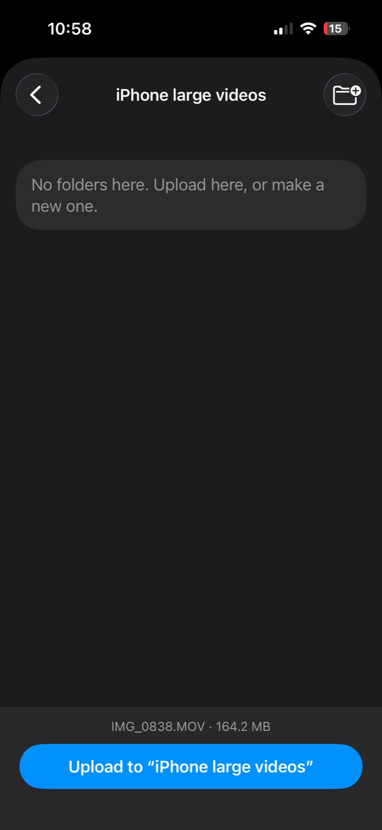 Choosing a folder called iPhone large videos, with the button Upload to iPhone large videos